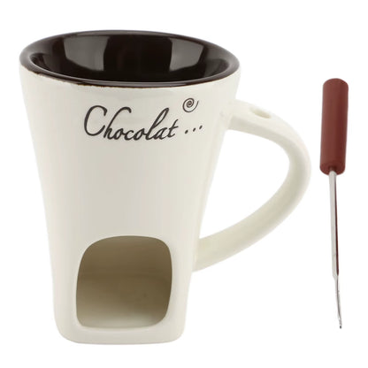 Witte keramieken mini fondue mok met bijpassend vorkje